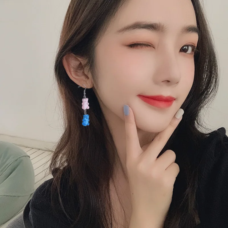 

Sweet Candy Color Cartoon Gummy Double Bear Drop Earrings for Women Long Dangle Earrings Female Jewelry Gift Handmade Ear Hook