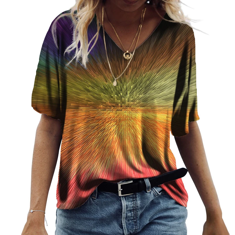 

Oversized Summer T Shirt Women Abstract Oil Painting Print T Shirt Vintage Casual Short Sleeve V-Neck Lady Loose Tops Pullovers