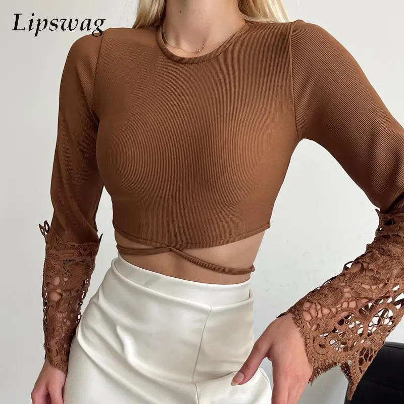 

Women Elegant O Neck Rib Shirt Blouse Fashion Solid Lace-Up Crop Tops Blusa Lady Casual Patchwork Lace Long Sleeve Tops Pullover