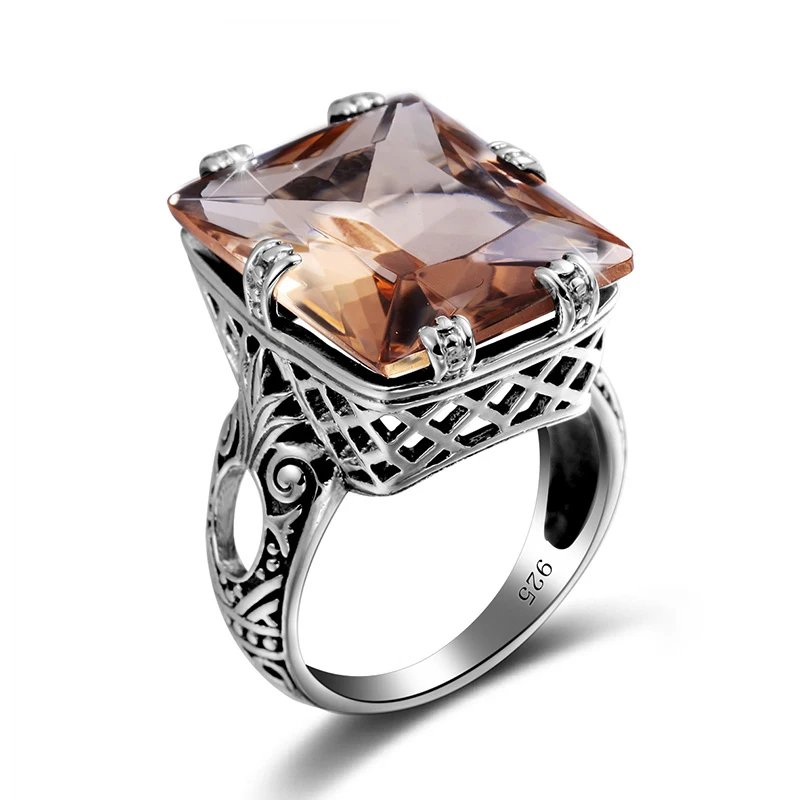 

925 Sterling Silver ring Amber Square For Women Bridal Wedding Gemstone Rings Enagement Party Fine Jewelry High Quality