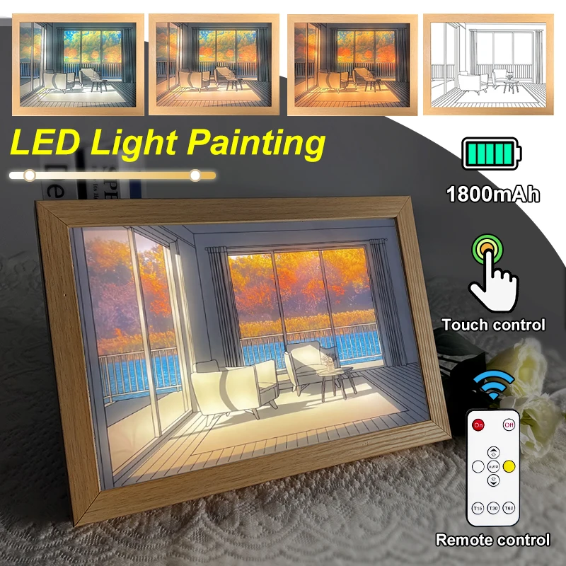 

INS настенное художественное оформление стола комнатная светодиодная живопись USB аниме стиль лампа имитация солнечного света рисунок прикроватная деревянная рамка картина подарок