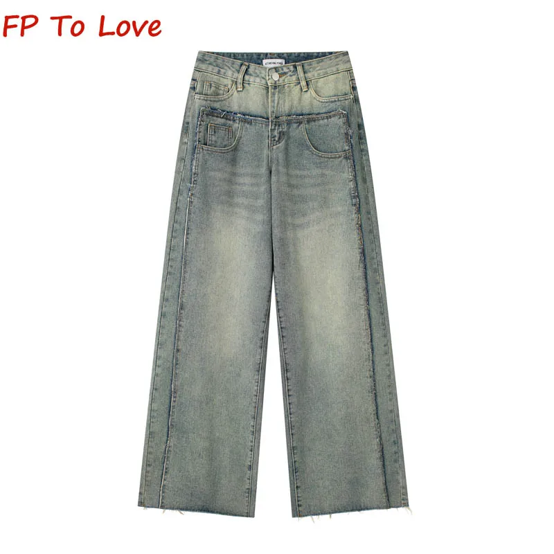 

Y2K Vintage Old Baggy Blue Jeans Patchwork Double Waist False Two Piece Wide Leg Pants Women Vintage Ripped Streetwear