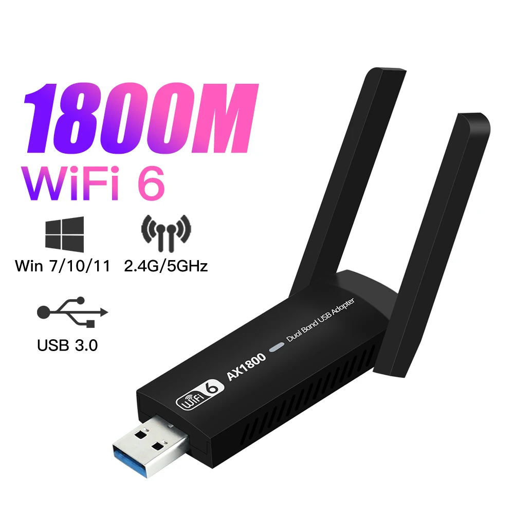 

Wifi6 USB3.0 Wireless Network Adapter WiFi Dongle 1800Mbps Dual Band 2.4G 5G Antenna Mu-Mimo Card For Windows 10 11