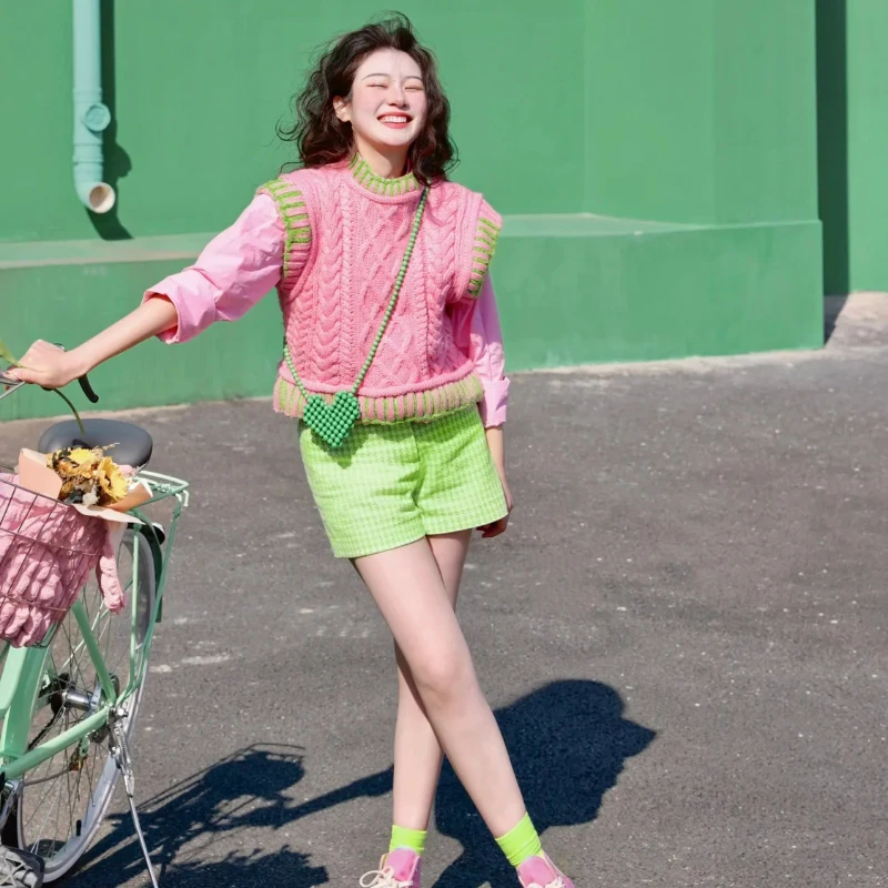 Новый трикотаж женские свитера розовые однотонные топы модный жилет 2024 одежда Y2k