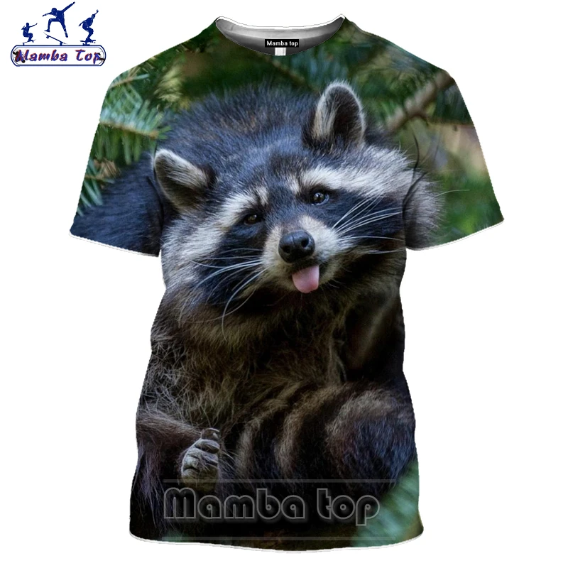

Футболка Mamba с рисунком енота для мужчин и женщин, рубашка в стиле Харадзюку, с круглым вырезом, с милым рисунком диких животных, восхождений ...