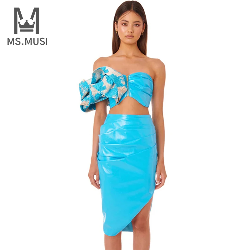 MSMUSI 2022 New Fashion Women Sexy Off The Shoulder PU Leather Two Piece Set Bodycon Party One Sleeve Top Short Skirt Set