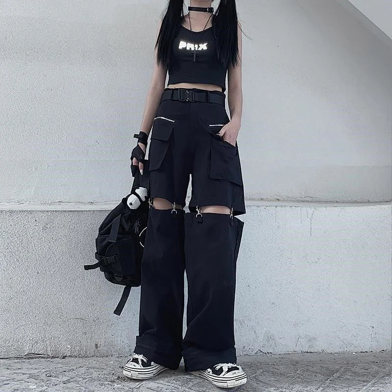 

Deeptown Gothic Techwear Emo Black Cargo Pants Women Punk Oversize Hollow Out Wide Leg Pocket Trousers for Female Goth Hip Hop