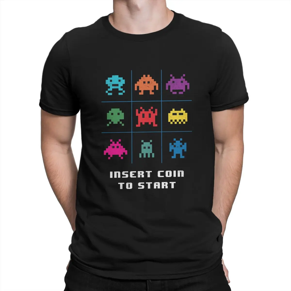

Space Invaders Shooting Video Game Insert Coin To Start T Shirt Vintage Fashion Men's Tshirt O-Neck Men Tops