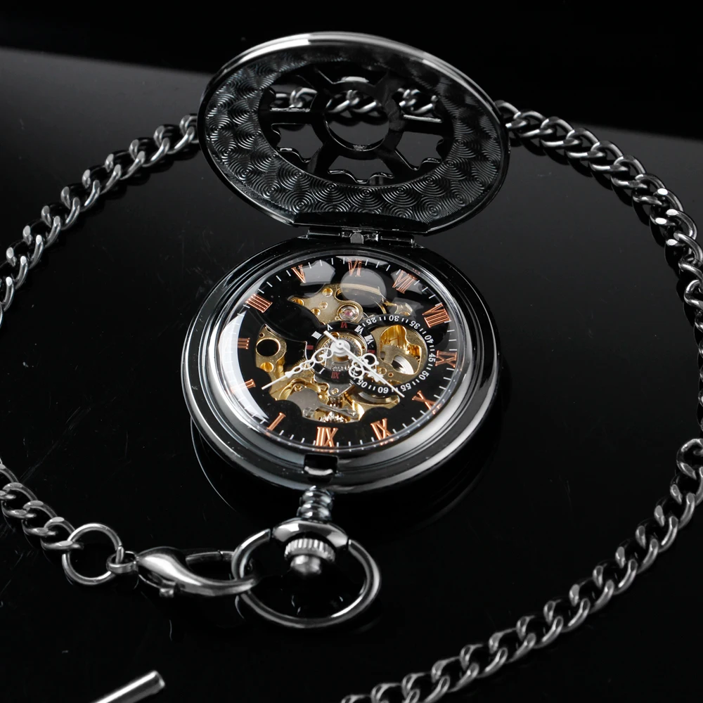 Black Petal Hollow-Out Design Mechanical Manual Pocket Watch Roman Digital Skull Dial Pendant Automatic Antique Clock