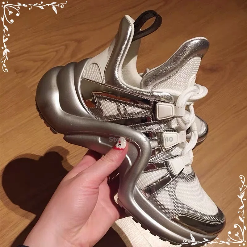 Women's Sport Shoes Platform Sneakers Leather Flat Shoes Lace Up Casual Sneakers Platform High Gang Walking Shoes Running Shoes