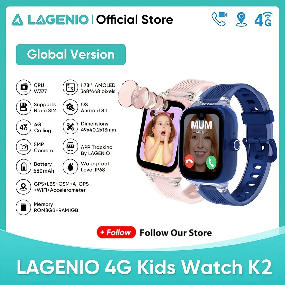 LAGENIO 4G Детские часы K2 Смарт-часы GPS WIFI Видеозвонок SOS IP68 Водонепроницаемые детские