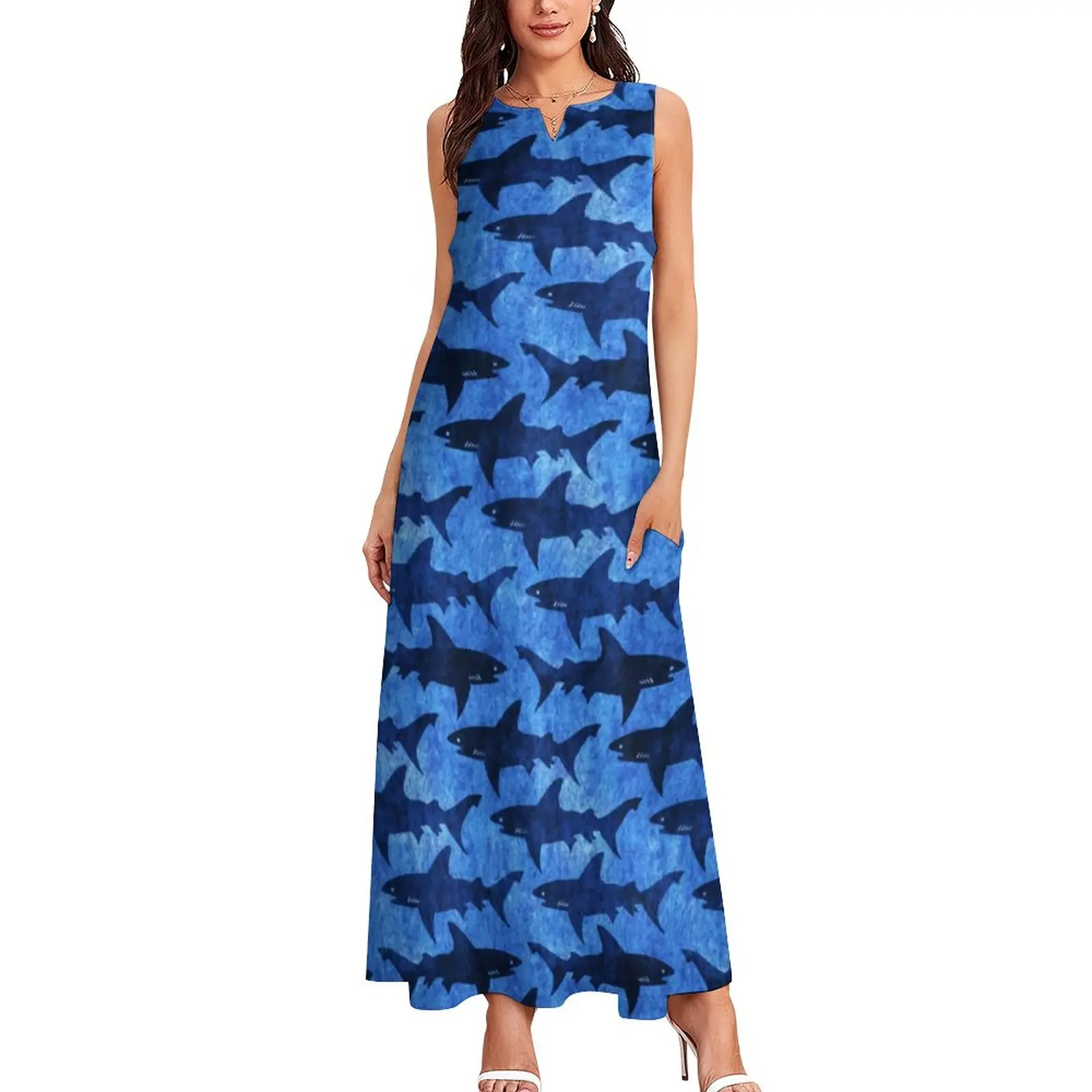 

Funny Shark Dress Sharks in The Deep Blue Sea Elegant Maxi Dress Street Fashion Bohemia Long Dresses Print Clothes Large Size