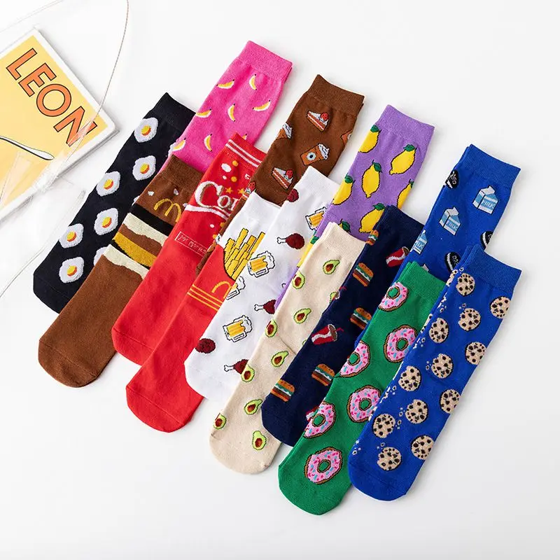

Women Stockings Funny Cute Cartoon Fruits Banana Avocado Lemon Egg Cookie Donuts Food Happy colorful novelty skateboard Socks
