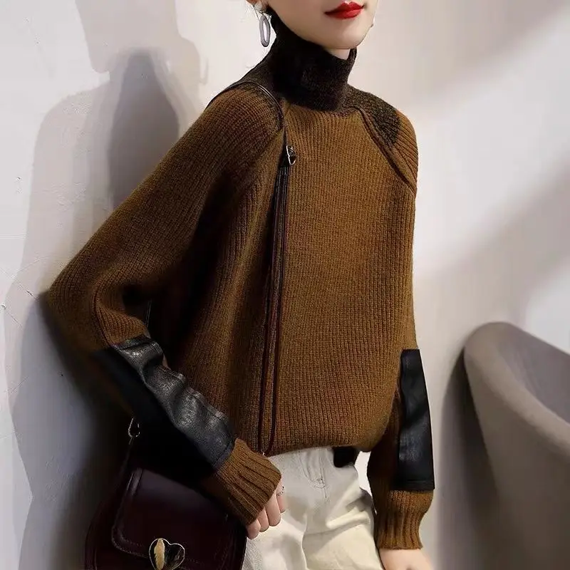 Винтажные вязаные джемперы с высоким воротником повседневная лоскутная одежда