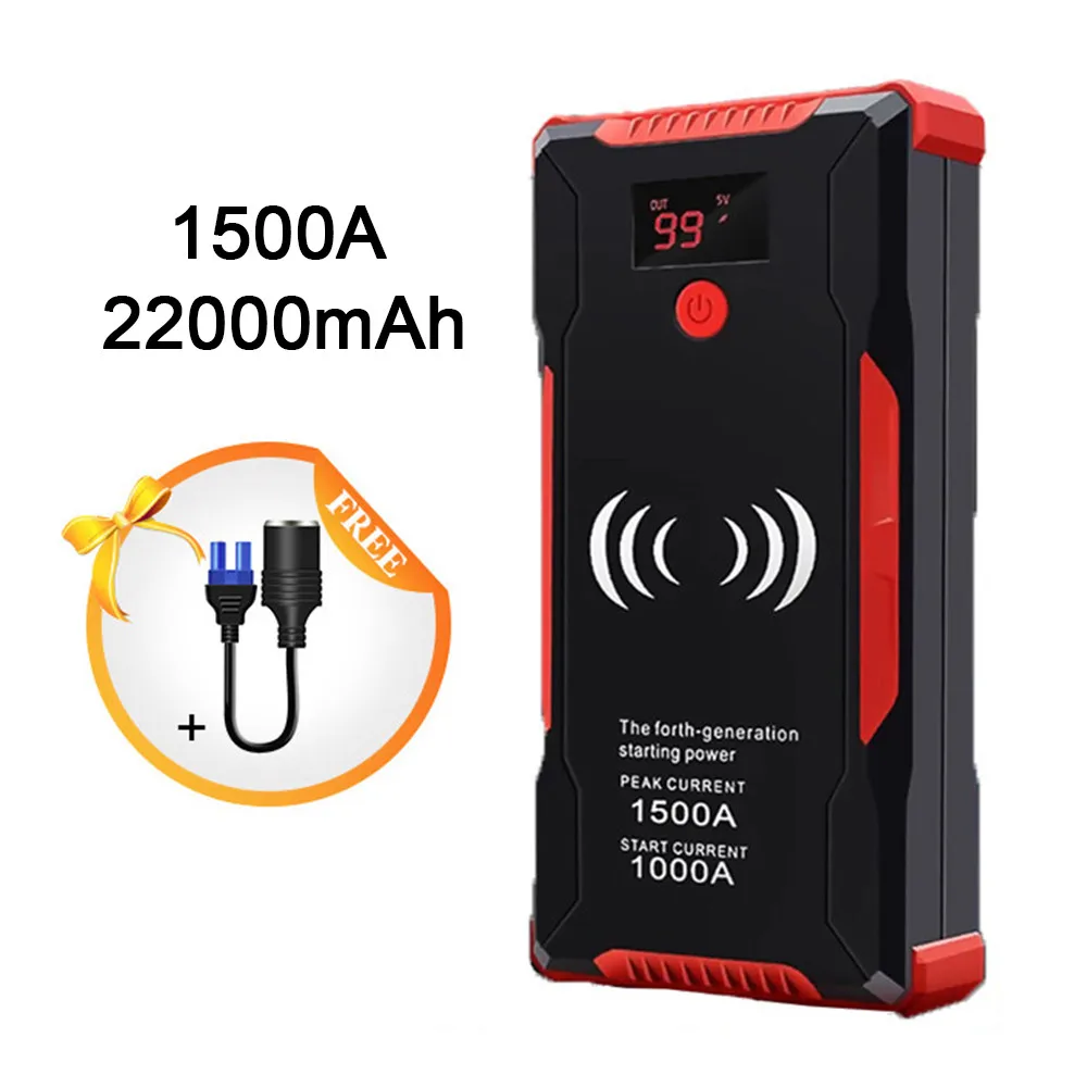 

22000mAh Car Jump Starter Device 1500A Portable Emergency Power Supply Battery Booster Charger Dual Usb Wireless Charging