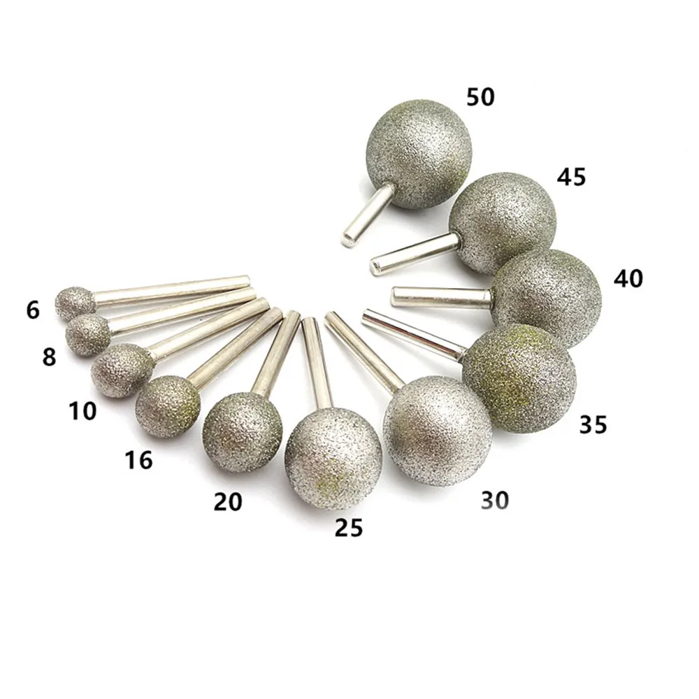 

6mm/8mm Shank Spherical Head Diamond Grinding Bit Coated Mounted Points Round Ball Burs Coarse For Ceramic Glass Gem Stone Drill