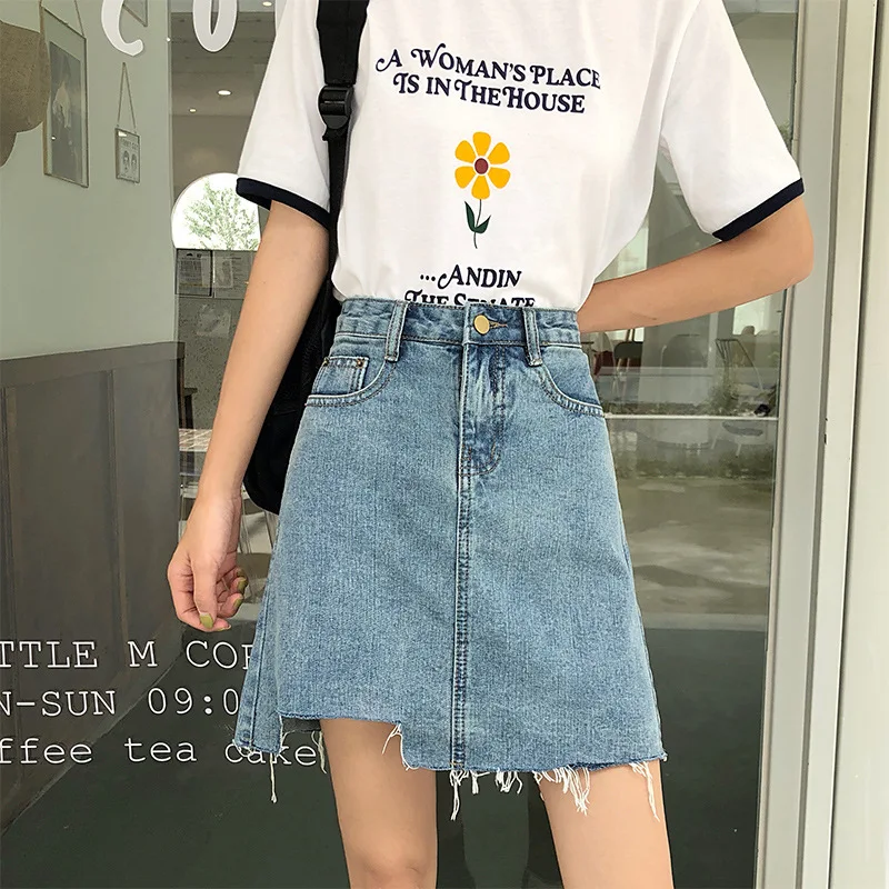 

Summer High Waist Denim Skirt Female Korean Version A-Line Slim Student Trend Versatile Large Hip Wrap Skirt Asymmetrical Cotton