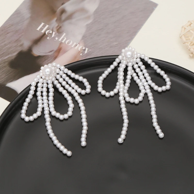 

Vintage Elegant Pearl Tassel Earrings Bride Accessories Bowknot Dangle Earrings jewelry for women