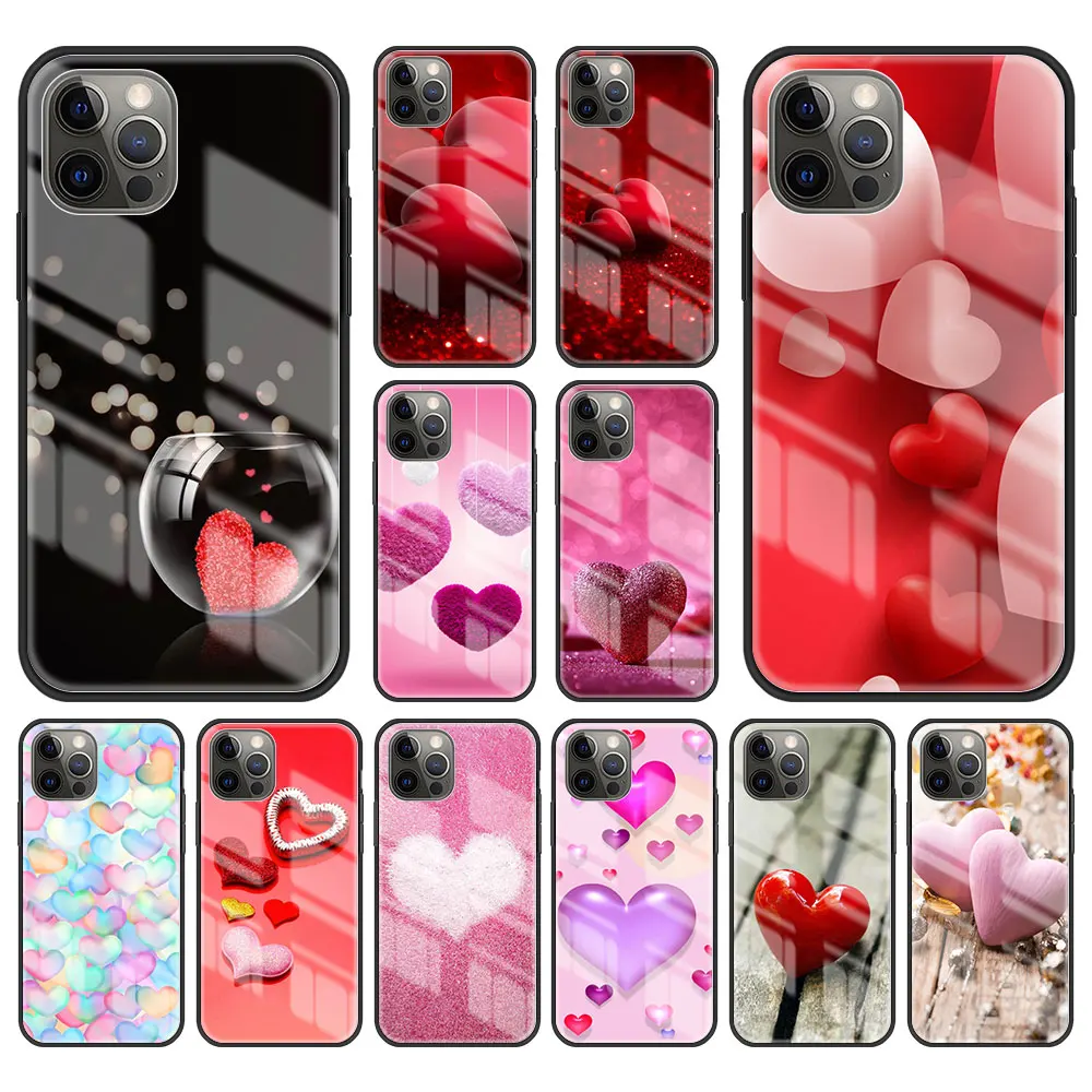 

Love The Heart Tempered Glass Case For iPhone 11 12 13 Pro XS Max 13Mini X XR Hard Case For iPhone 7 8 Plus SE2 Fundas Bag Shell