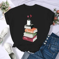 funny tea books pattern tshirt womens tops new female black t shirt cute cartoon clothing casual kawaii t shirt tees for lady