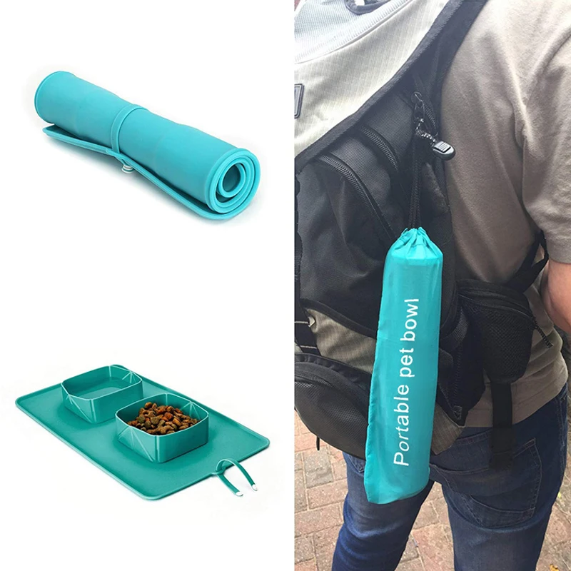 

Double Dog Bowl ,Outdoor Fold Pet Water Bottle Cat Like Placemat With Blue Black Color