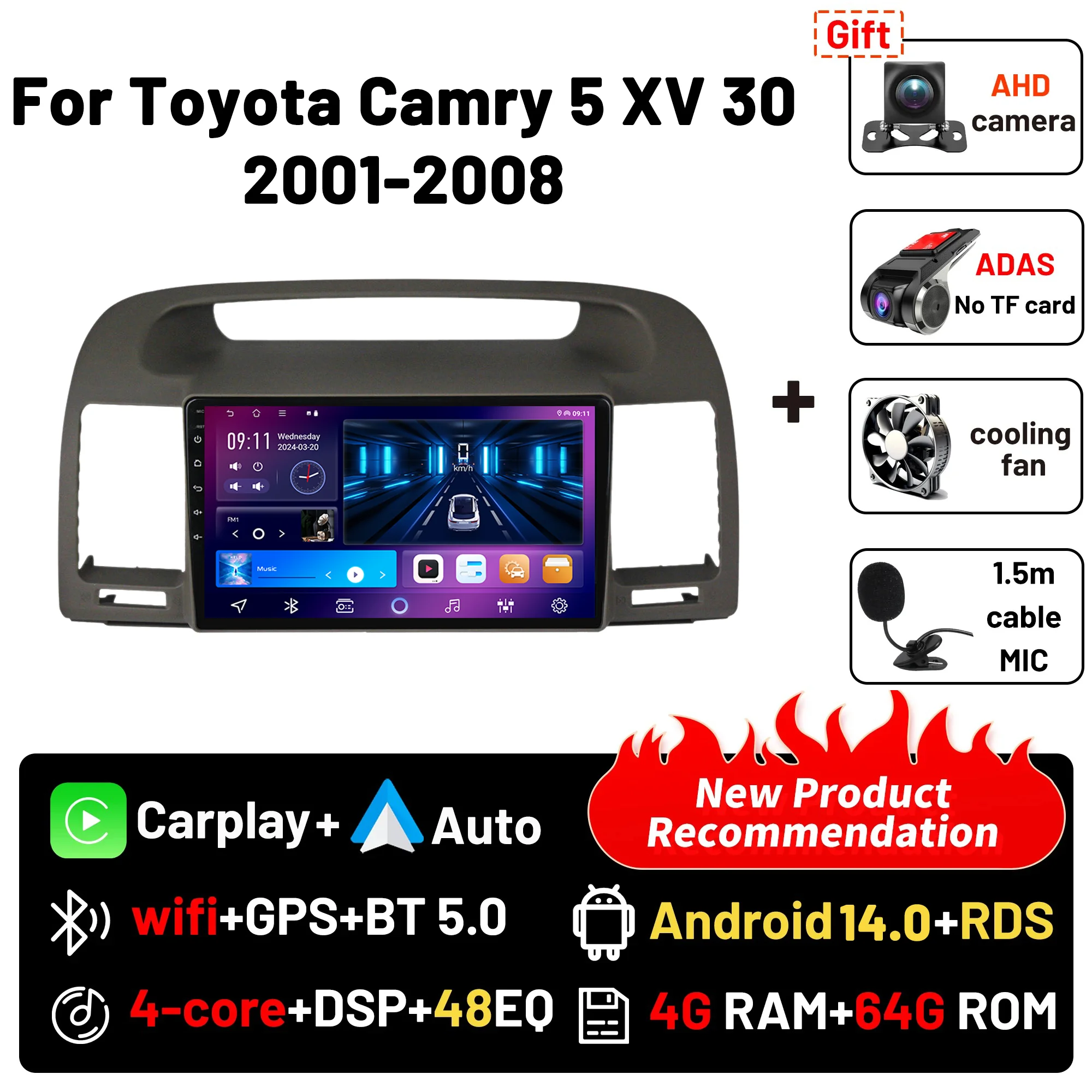 

2-диночный автомобильный радиоприемник с сенсорным экраном Bluetooth DSP FM Carplay Android Auto, мультимедийный стереоплеер для Toyota Camry 5 XV 30 2001-2006