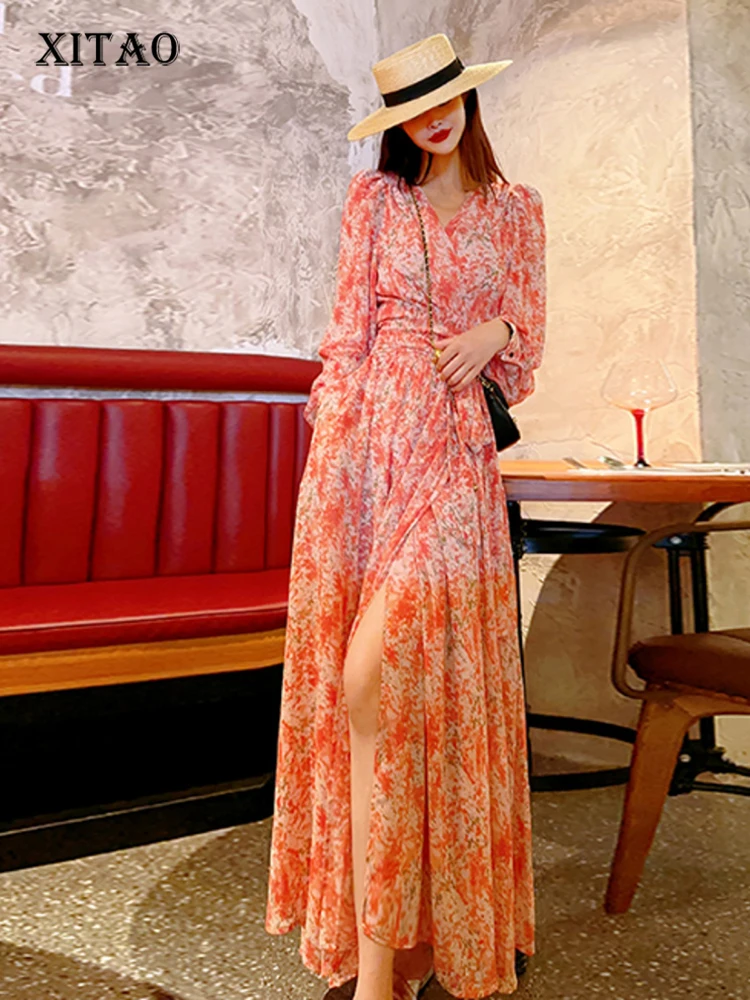 

XITAO Print Bandage V-neck Split Long Dress Pullover 2023 Summer New Arrival Casual Fashion Temperament All Match WLD16606