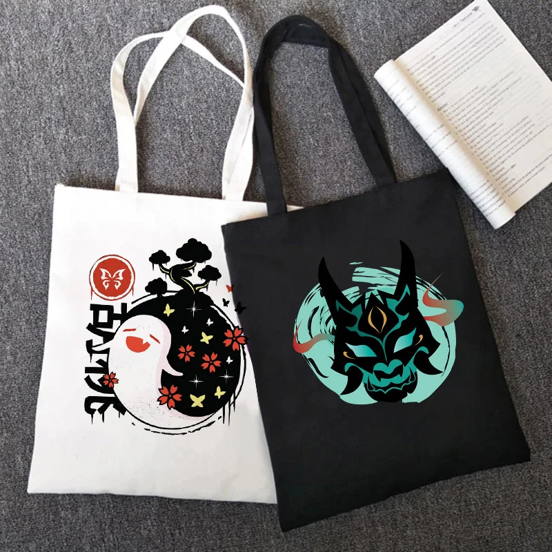 

Genshin Impact Shopping Bag Graphic Tote Harajuku Shopper Bag Women Canvas Shoulder Bag Female Ulzzang Funny Eco Large-capacity