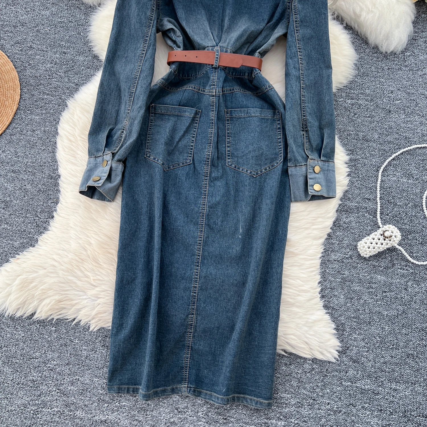 Женское модное джинсовое платье с длинными рукавами и поясом платье-рубашка