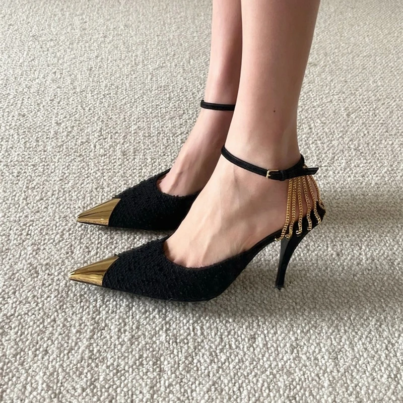 

2022 spring new ladies pointed metal chain stiletto shoes