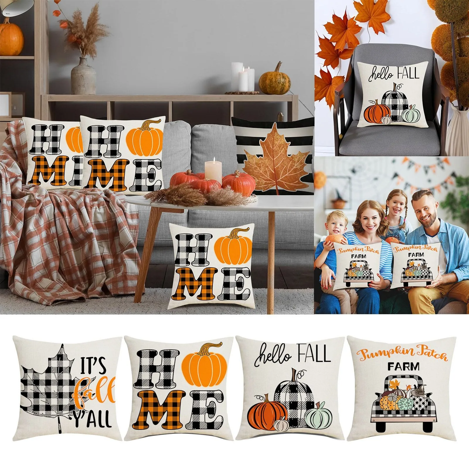 

Thanksgiving Fall Pillow Covers 17.7"x17.7" Inch Pumpkin Truck Maple Leaf Farmhouse Decorations Happy Fall Autumn Thanksgiving