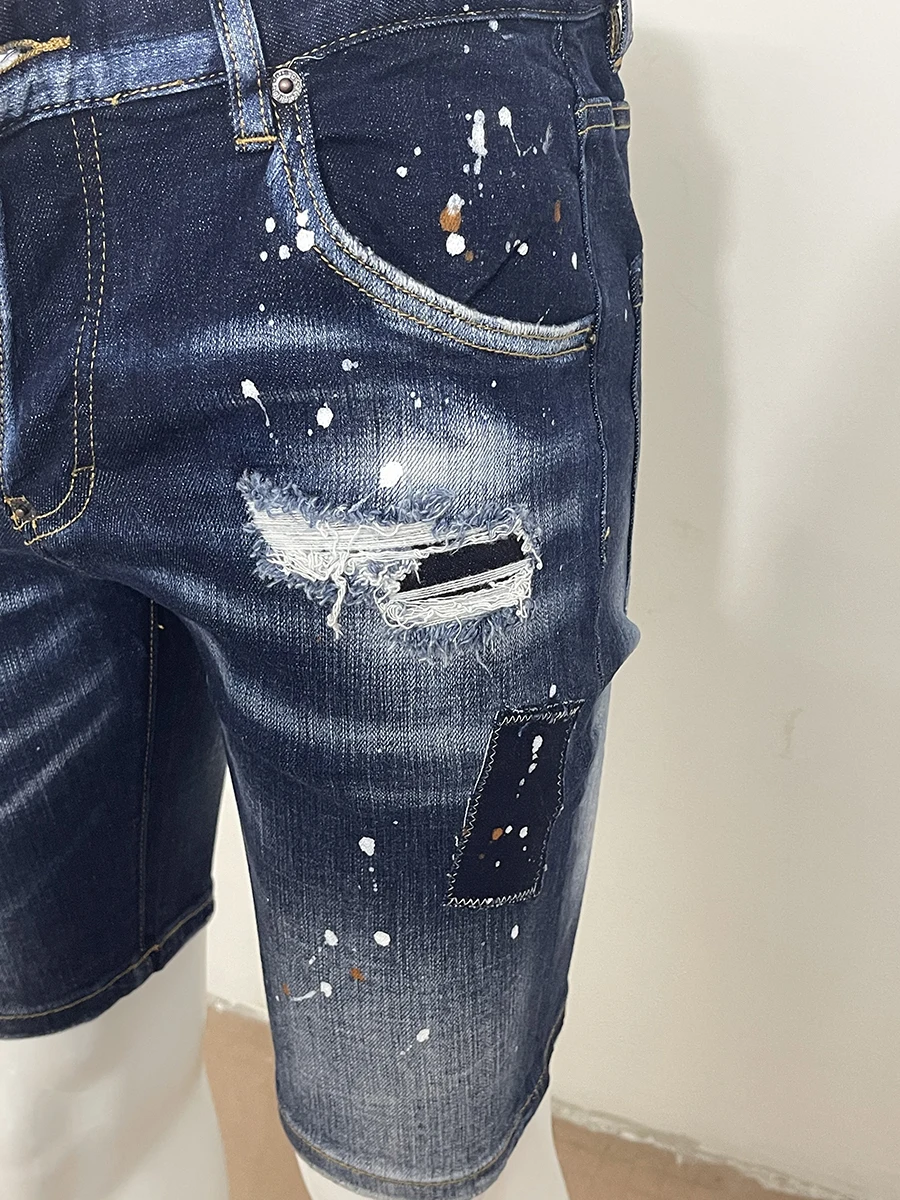 Summer 2023 new denim shorts men's D2 jeans micro-spring wash light blue hole patch collision color casual