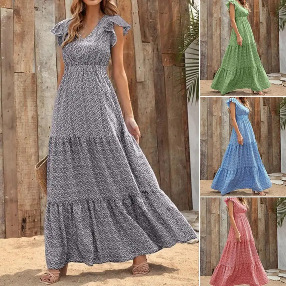 

Платье женское хлопковое с V-образным вырезом, винтажное повседневное Элегантное макси-платье в стиле бохо с родовым принтом и высокой тали...