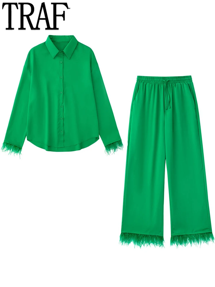 

TRAF 2022 Feather Green Pants For Women High Waist Pants Sets Black White Streetwear Loose Pants Woman Fashion Wide Leg Trousers