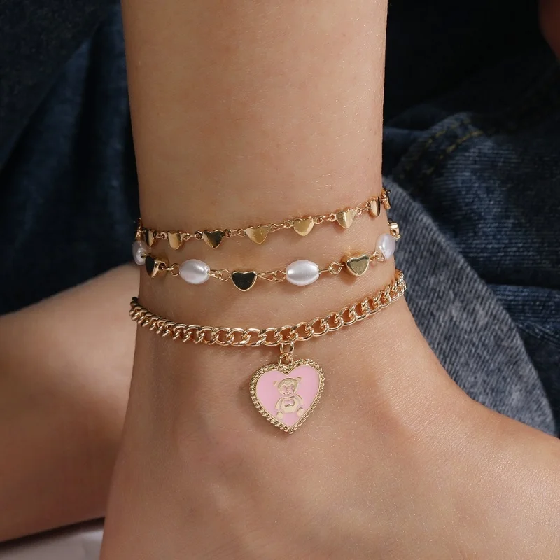 

Trendy Beach Barefoot Gold Color Multilayer Anklet Bracelet For Women Boho Pearl Heart Pendant Anklets Foot Chain Jewelry