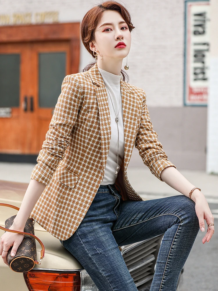 Women Fashion Casual Blazer Yellow Black Plaid Female Long Sleeve Vintage Single Button Jackets Coat Outwear