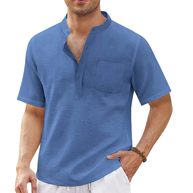 Linen shirt men Short Sleeve Solid Color Breathable Stand-Up Collar summer Casual shirts male Beach Style blouse Hot Sale