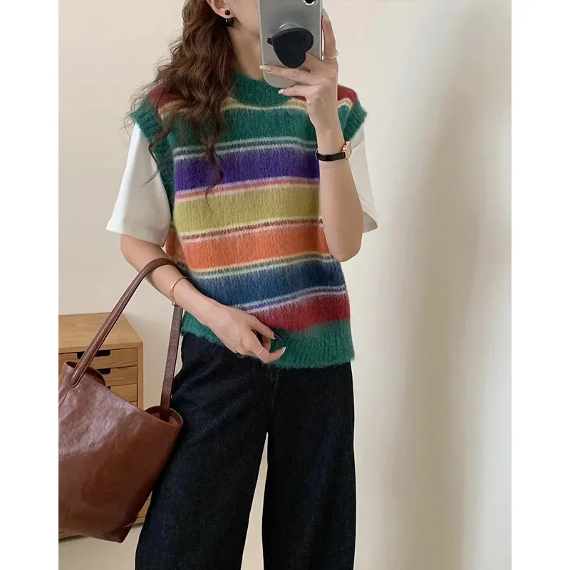 Красочный полосатый вязаный жилет женская верхняя одежда осень/зима 2023 новый