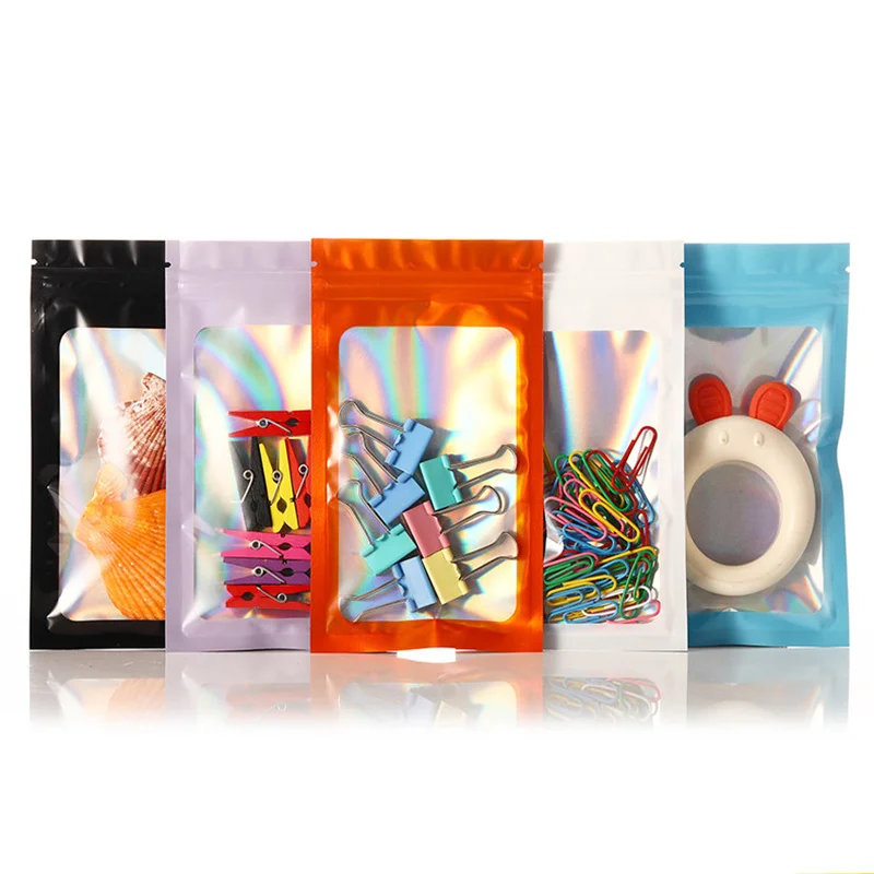 

100Pcs Jewelry Reclosable Packaging Bag Food Window Sealing Self Seal Zipper Pouches Tear Notch Hologram Laser Zip Lock Bags