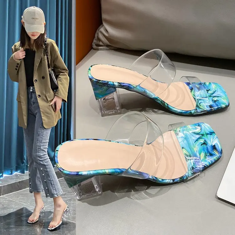 

Мюли женские на квадратном каблуке, прозрачные туфли без задника, блестящие, квадратный носок, высокий желеобразный материал, базовая обувь в римском стиле, лето 2023