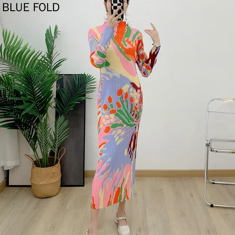 MIYAKE-Плиссированное женское платье с принтом прямое длинное воротником до