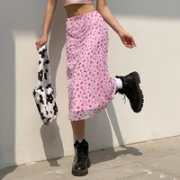 pink kawaii womens skirt y2k floral print midi skirts summer casual fashion cute sweet high waist patchwork mesh a line skirt