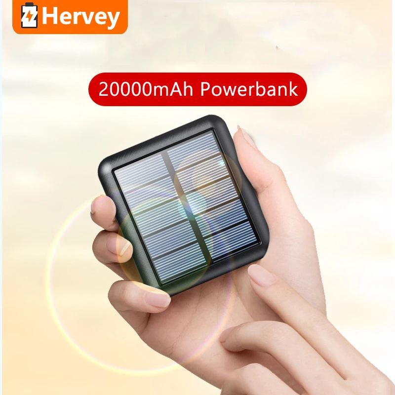 

Банк солнечной энергии для iPhone 12 Huawei Xiaomi Mini Powerbank 20000 мАч с кабелем Портативное зарядное устройство Внешний аккумулятор Poverbank