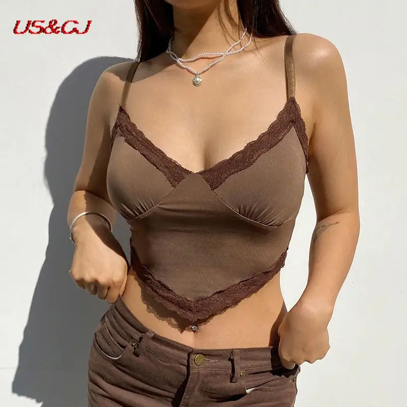 

2022 Spring/summer Fashion Sexy Spice Girl Lace Splicing Halterbelt Vest Woman Retro Brown Halterback V-Neck Versatile Top Woman