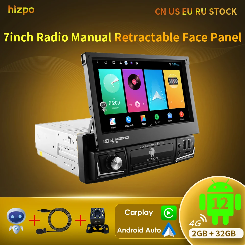 Carplay Gps Navigation Multimedia Player 1 Din Stereo 7 Inch Manual Retractable Screen