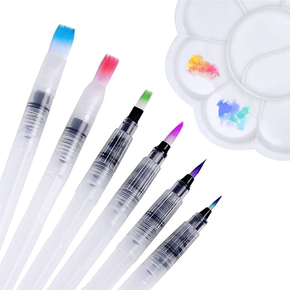 

New 7 Set Watercolor Brush Pen Assorted Tips Size With Flower Shape Paint Tray Mixing Palette Refillable Paintbrush For Students