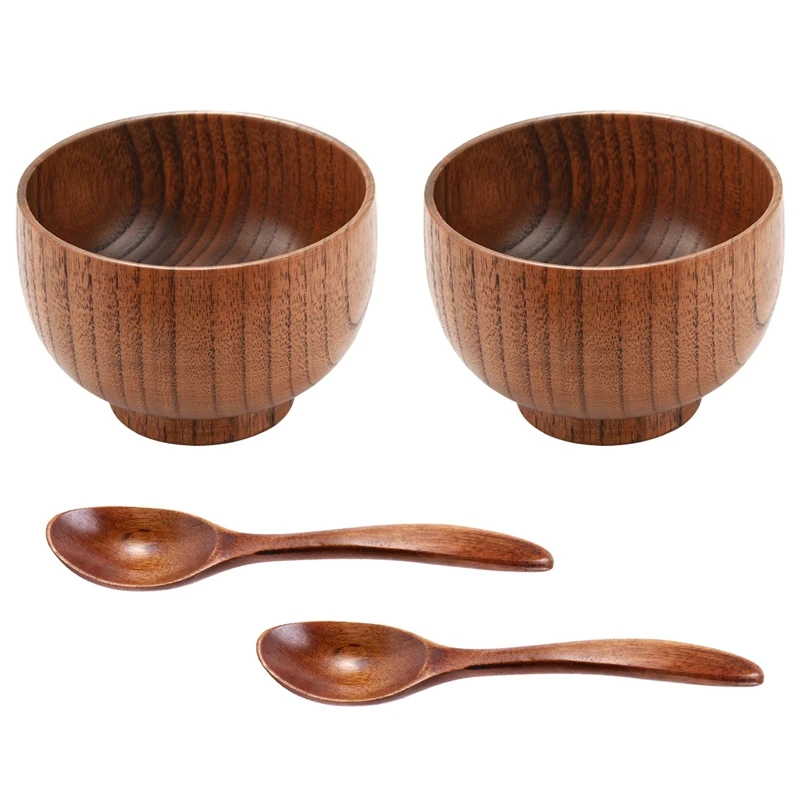 

4 Pieces Wooden Handmade Bowl And Spoon For For Rice Miso Serving Home Kitchen Tableware