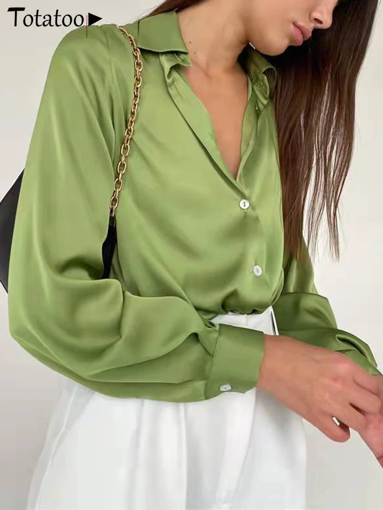 

Женская однобортная атласная блузка Totatop, Офисная зеленая рубашка с отложным воротником и длинным рукавом, с V-образным вырезом, 2022