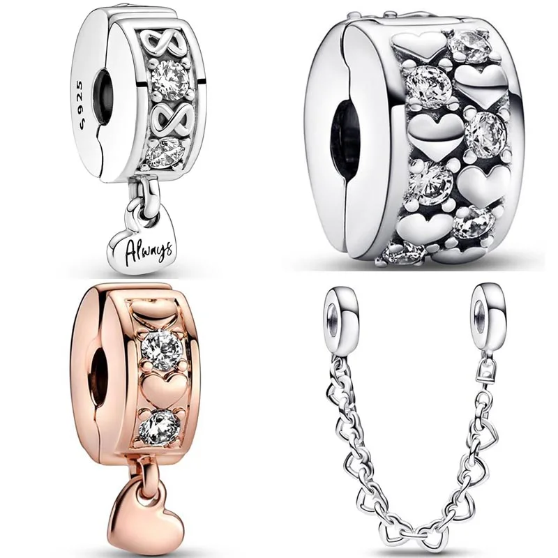 

Infinite Hearts Family Always Clip Linked Hearts Safety Chain Bead 925 Sterling Silver Charm Fit Europe Bracelet DIY Jewelry