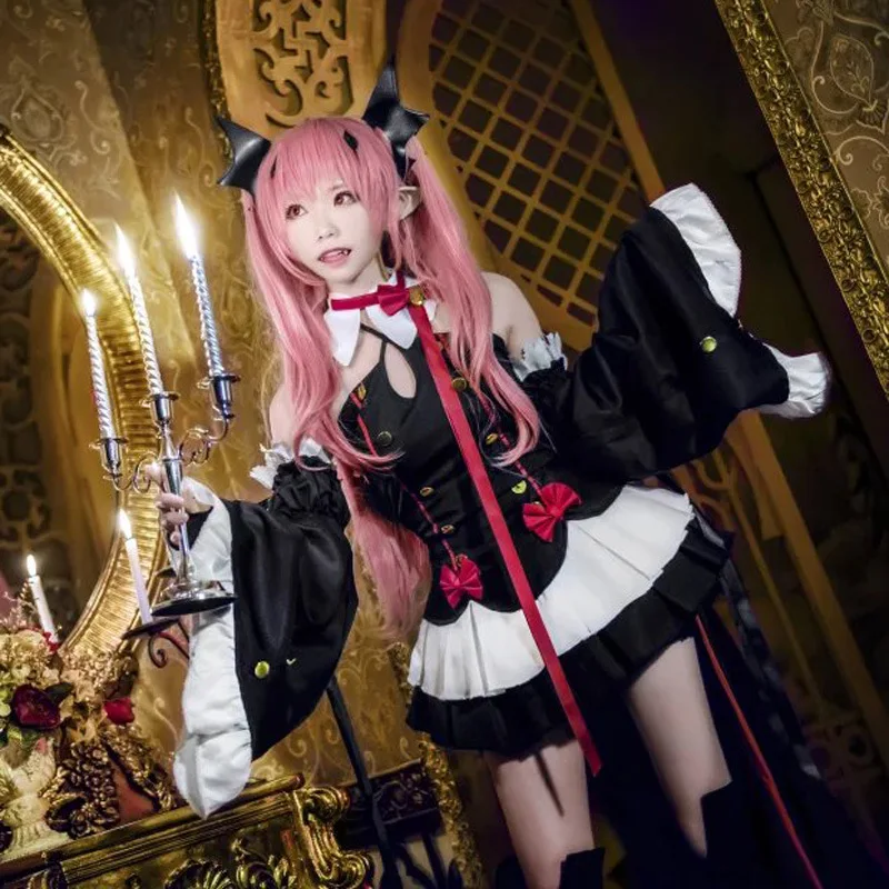 Seraph of The End Witch Vampire Krul Tepes Cosplay Costumes Dress Cosplay Full Wig Genie Ears